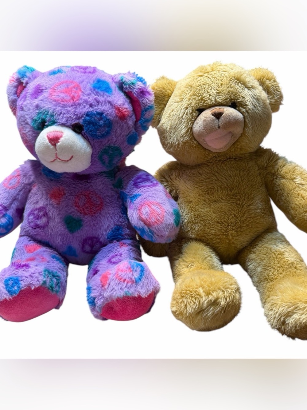 Build a bear purple Peace Sign & hearts bear plus BABb light brown bear, 2011